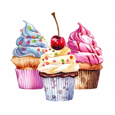 cup cakes with ice cream hd, on white background clipart water colour--ar 3:2