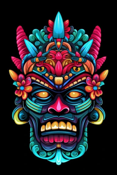 samurai jeweled tiki, clipart, neon on black background, vector