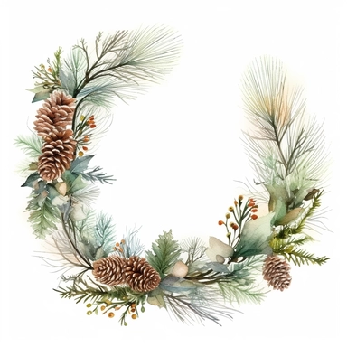 stunning christmas frame made of snowy fir branches , beautiful Christmas clipart, soft faded colors, beautiful watercolor art by Marjolein Bastin, Thomas Kinkade, Carl Larsson, Norman Rockwell, Susan Wheeler, isolated on white background