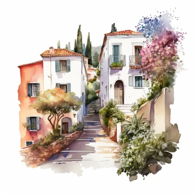 beautiful watercolor clipart of white houses on a cobbled street in a French hillside village near the Mediterranean sea, warm summer hues, compositions on an isolated white background. Bright landscapes illustrations, highly detailed