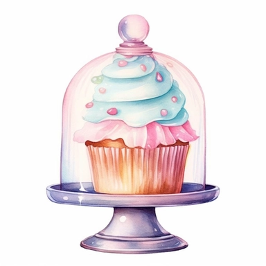 whimsical watercolour clip art against a white background easter themed cupcake under a glass dome  - <@1098423716465102849> (Waiting to start)