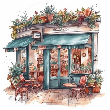 ultra realistic commercial shot of watercolor illustration style of cute cafe with clothed tables and french vibes clipart, floral glowing plants clipart, delicious pastry, illustration style, 8k trending in etsy, super bright vivid, svg, white background, art nouveau art style, ink contour