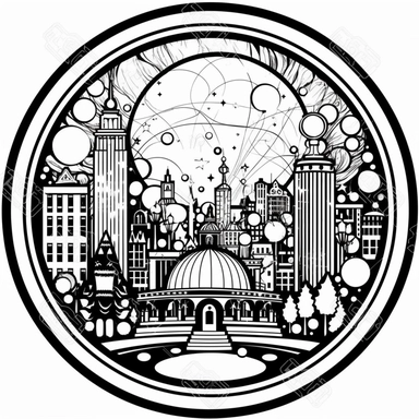 circle, art nouveau style, black lines, detailed, flat design, simple design, christmas snow globe, white background, clipart style, black and white,