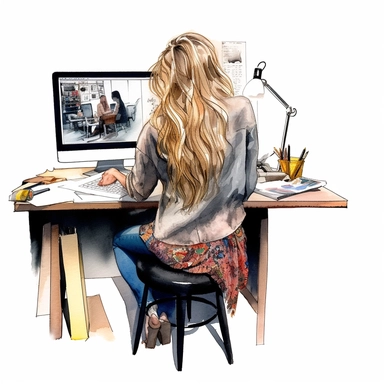 watercolor clipart of detailed high fashion campaign image, female model, long blonde hair, beautiful, she is sketching architectural drawings in an office place, you cant see her face its shot from the back of her, shot in the style of giampaolo sgura, you can see the model from head to toe, the camera angle is wide shot