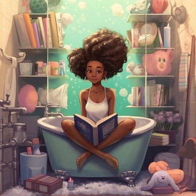 african american teenager girls stuck in a bathtub with books in the white house bathroom in the style of dr. seuss with a simple pastel color palette clip art--ar 10:8