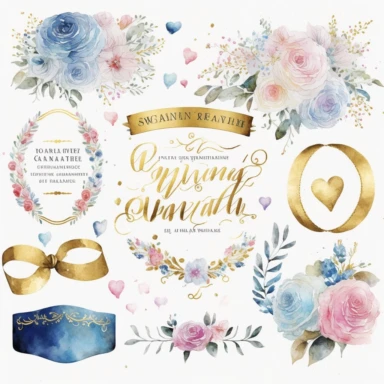 watercolor marriage anniversary clipart collection, white background, white, pink, blue and gold illustrations
