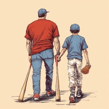 behind view, baseball dad and son with baseball bats and caps, full body, hand draw Illustration clipart, 4K, extremely detailed