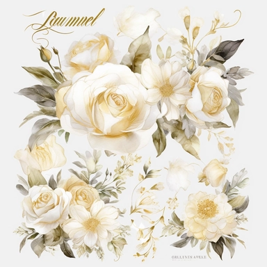 Create an exquisite collection of ultra-detailed white and gold floral clipart, showcasing the elegance of watercolor techniques. The clipart should capture the delicate beauty of white flowers with hints of gold accents, adding a touch of opulence and sophistication. Incorporate a variety of floral elements such as roses, peonies, and lilies, each meticulously painted to showcase intricate details and lifelike textures. Design the clipart with a focus on wedding themes, ensuring that it can be 