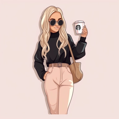 , digital stickers, Girlboss, smiling, icons, coffee, fashion, Monday, productive, cartoon realistic, clipart, minimalistic, aesthetic, beige , pink , pastel , light brown, one starbuck coffee in her hand, she wear a louis vuitton bag-seed1