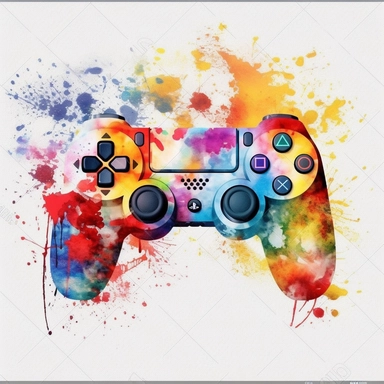 watercolor pc game controller clipart illustration, vibrant colors, transparent background, style of Ian mcque + banksy + invader, watercolor, Clipart, flat white background