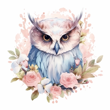 Clipart with white background: Design a dreamy floral fantasy owl with delicate pastel flowers and a soft, enchanting glow watercolor