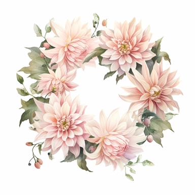 a simple gorgeous A wreath made with creamy peachy-light pink Café Au Lait Dahlia flowers and greenery on white background clipart, watercolor painting realistic, high quality, vibrant, Vicente Romero Redondo, Willem van Aelst