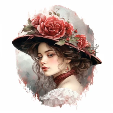 old victorian era, royal young lady fancy hat, gorgeous, angle perspective, hyper-realistic painting, decorated with minimal amount of red roses, intricate details, elegance, charm, clipart, white background