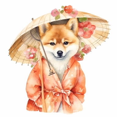 An adorable watercolor clipart of a Doggy Diva wearing a fashionable outfit, sesame Shiba Inu
