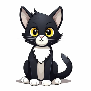 cute cartoon cat, black and white cat,smooth fur, black face with a little bit white by mouth, a lot of white on chest, white paws, black legs, yellow eyes, full body sitting, white background, clip art, vector graphic