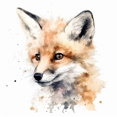 please create watercolor clipart of a baby arctic red fox facing to the right and smiling, face close view, colorful