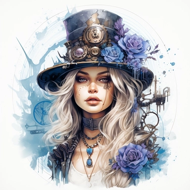 clipart white background paint a mesmerizing steampunk witch with delicate watercolor hat and an elaborate headdress adorned with clock hands and gears