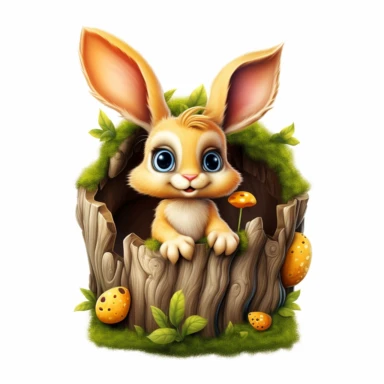 adorable bunny with bright eyes, with cute paw pads and a curious expression. peeking out from a cozy hollow in a tree trunk, surrounded by moss, mushrooms, butterflies Fairytale Cartoon Art Style, Full Body Image and Appearance, 3D-Designed Character, in style of clipart with no background
