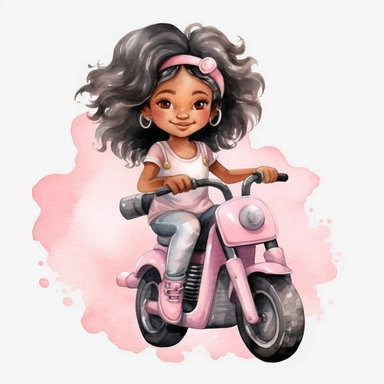 Cute little girl black skin sitting on her motorcycle pink watercolor Clipart