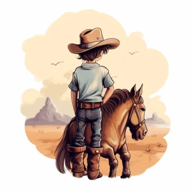 western little boy with hat with his back to viewer, boy facing the horizon, holding a horse, png, minimal cartoon, clipart, vector, digital airbrush, in the style of tattoo
