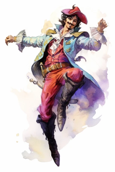 Clipart style, full-body figure of Captain Hook fighting, disney cartoon characters, low detailed, aquarel painting style, volume and bright colors, white background