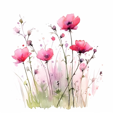 Serene watercolor depiction of pink flowers gently swaying in a meadow, portrayed from a top-down angle, with the composition evoking a sense of peace, serenity, and the timeless beauty of nature's harmonious rhythm, clipart on a clean white background.