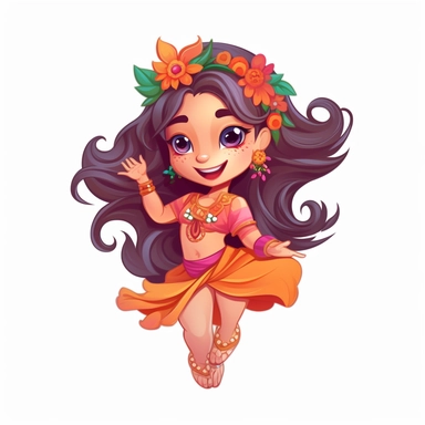 cute girl belly dancer outfit with olorfull flower in her hair with beautiful smile,vector style , clipart, sticker, white background, no shadow, 8k detail