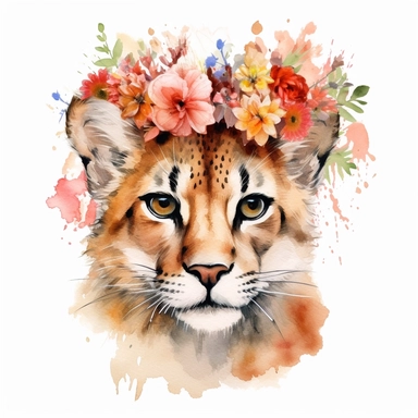 isolated clipart, cute big cat with flowers on its head, highly realistic, flickr, watercolorist, uhd image, multi-layered mixed media