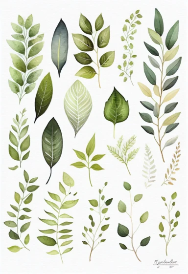 Watercolor clipart set with white background, branch cute leaves, cute and adorable, flat design, clearly defined separated image, light olive green color, high quality