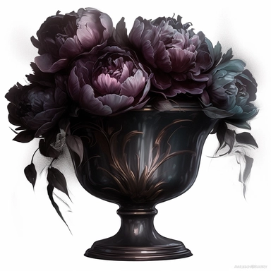 gothic dark peonies in metallic vase, painting, dark fantasy, clipart, digital art techniques, eerie compositions, white background