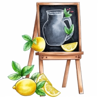 cute and vibrant clipart featuring pitcher lemonade in watercolor style, High Contrast, Blackboard, pastel art drawing on chalkboard with easel against white background