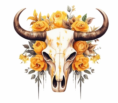 Cute Beautiful Cow skull yellow rose Watercolor Sublimation Clipart,Cartoon, hyper realistic, intricate detail, illustration style,high solution,on the white background , 32k resolution, ultra high definition