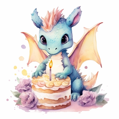 Cute happy Watercolor cake Baby Dragon Clipart, on a white background