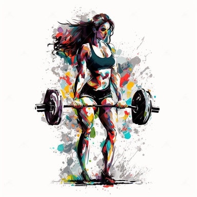 Detailed illustration of a beautiful young bodybuilding woman lifting barbell, long hair, showing abs, wearing shorts, full body, lean and muscular, clipart, colorful hand drawing, on a white background, unframed