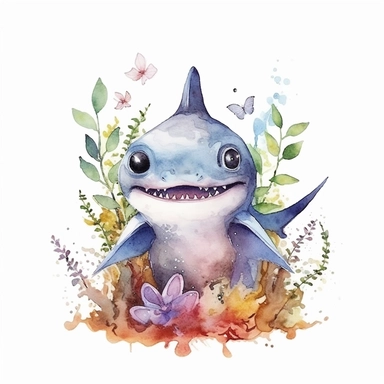 cutest little nursery shark with big eyes, full body, pen and ink with watercolor, seaweed, jelly fish, little fish, pearlescent horn, sparkles, glittery, clipart sheet, nurseycore
