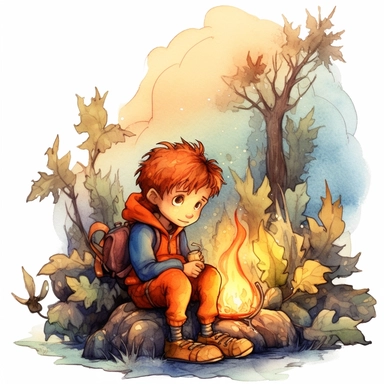 Create One clipart inspired by fire boy: The clipart exudes a cozy ambiance, with a sense of warmth and tranquility. , discovering its secrets and.cozzy watercolor style. in 4K. so it can be used in fantasy books. beautifull coloring