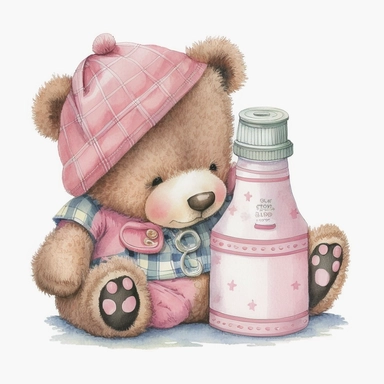 an ultra Cute little newborn baby teddy bear wearing pink traditional classic striped pyjamas and bedtime hat with a pink baby bottle of milk and a pink pacifier sitting on a pink fluffy rug, watercolour, cute,, bedtime, sleepy, dreamy, isolated on white