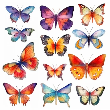 Insect illustrations, various butterflies, watercolor clipart with sharp outlines and strong handwriting, comics, full-size watercolors, watercolor style, in the style of Timothy Easton