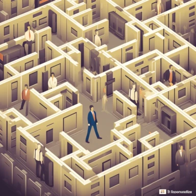 clipart business-person standing in front of a complicated maze made of office cubicles, in the cubicles there are people working behind desks with computers