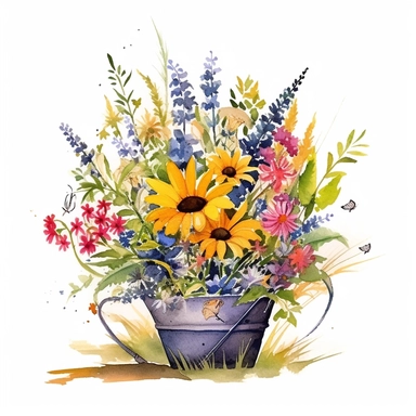 Watercolour Meadow-Inspired bouquet Extra large, Create a meadow-inspired arrangement by combining native UK and American flowers that bloom in meadows, Mix cowslips, cornflowers, and red campions from the UK with black-eyed Susans, goldenrods, and butterfly weeds from Americaplanted in a Metal wheelbarrow watercolour flower arrangement, clipart, vector, intermingled with greenery, white background, no captions, no vase, flower bed setting, aspect 2:2 repeat 5