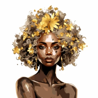 Making variations for image #4 with prompt black dark-skin women with big curly blonde flower hair wearing a golden crown staring straight forward with big shiny lips, clip art - <@1109865557370617876> (Waiting to start)