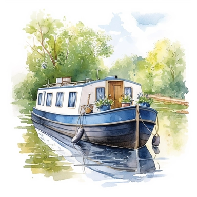 watercolour, pretty canal boat, detailed, summer time, clipart, white background