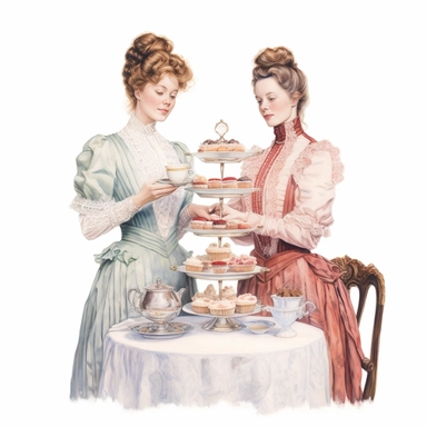 watercolor, hyper realistic, white background, white margins, 16k, ultra detailed clipart, cut out image, hand-drawn two Victorian girls participating in the traditional afternoon tea ritual, complete with a tiered cake stand, tea pot, and cups, capturing the elegance of the era.
