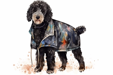 Watercolor Clipart of a black bernadoodle dog, wearing clothes, full body, in action, key visual, white background, vibrant, lowbrow surrealism, detailed, 8k, high resolution, in the style of jon klassen and charley Harper and Oliver Jeffers and egon schi
