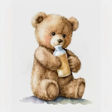 Watercolor brown fluffy jointed plain Teddy Bear holding a babys milk bottle, clipart, happy, white background, no captions or text