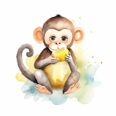 watercolor cute monkey eating a banana clipart, flat, 2d, white background