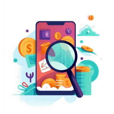 Application icon as digital art showing products precification, with some money bills and a magnifying glass, white background, Clipart style, simple style to be used as a small icon