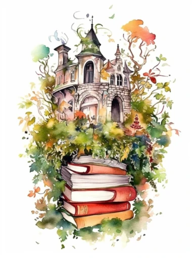 Watercolor clipart with white background, open book, magical fantasy kingdom, secret garden, flat design, clearly defined, high quality clipart