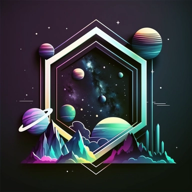 logo, geometric frame, vector, clipart, modern, northern lights, planets, outer space, cartoon, clean lines,