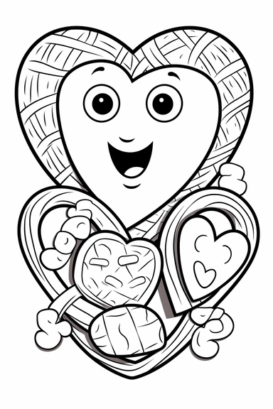 Kawaii pretzels twisted into fun shapes like hearts, knots, and braids, with smiling faces. For Simple Coloring page,line art, thick lines, black and white,clipart, illustration, on white background,margin Page 10px